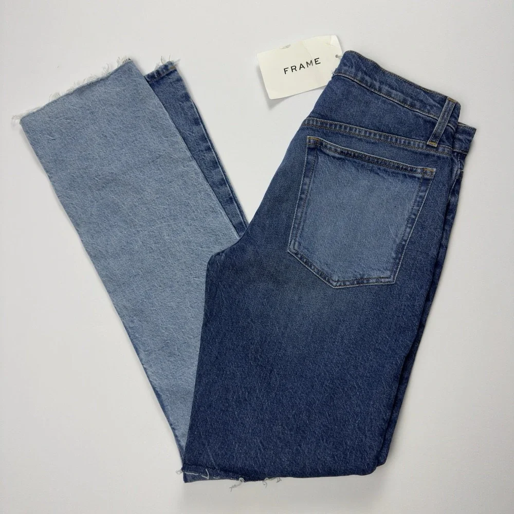 FRAME Womens Two-Tone Patchwork Straight Leg Jeans Raw Hem Denim Color Block  26 - Picture 3 of 15